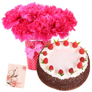 Amusing Hamper - 10 Pink Carnations Vase, 1/2 Kg Strawberry Cake + Card