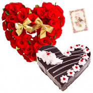 Warm Wishes - 50 Red Roses Heart Shaped Arrangement, 1 Kg Black Forest Cake Heart Shape + Card