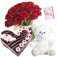 Temptation of Joy - 16 Red Roses Bunch, 1/2 Kg Heart Shape Cake, Teddy Bear 6 inch + Card