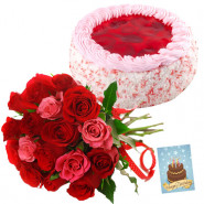 Magical Mix - Bunch of 12 Red and Pink Roses, 1/2 Kg Strawberry Cake + Card