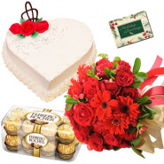Amiable Treat - 12 Red Mix Flowers Bunch, 1 Kg Vanilla Cake Heart Shape, Ferrero Rocher 16 Pcs + Card