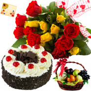 Approved of Joy - 12 Red and Yellow Roses Bunch, 1/2 Kg Cake, 1 Kg Fruit Basket + Card