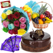 Attracting You - 10 Mix Roses Bunch, 1/2 Kg Cake, 1 Kg Fruit Basket, 5 Dairy Milk + Card