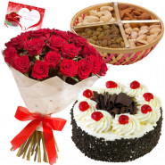 Hampers with Sentiments - 10 Red Roses Bunch, Assorted Dryfruits in Basket 200 gms, Blackforest Cake 1/2 Kg & Card