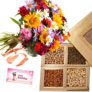 Flowers Bunch with Dryfruits - Bunch of 15 Mix Flowers, Assorted Dryfruits in Box 500 gms & Card