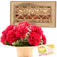 Carnations Love - Basket of 18 Red Carnations, Assorted Dryfruits in Box 500 gms & Card