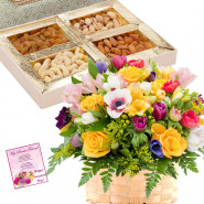 Exotic Flower Basket - 20 Seasonal Exotic Flowes in Basket, Assorted Dryfruits in Box 200 gms & Card