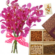 Love & Regards - 6 Pink Orchids Bunch, Mixed Dryfruits Box 500 gms & Card