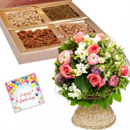 Seasonal Hamper - Basket of 25 Mix Seasonal Flowers, Assorted Dryfruits in Box 400 gms & Card