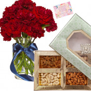 Extra Oridinary Hamper - 15 Red Carnations Vase, Assorted Dryfruits in Box 500 gms & Card