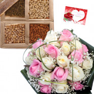 Refresh Your Feelings - Bouquet of 12 Pink and White Roses, Assorted Dryfruits in Box 500 gms & Card