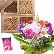 Sweet Thought - Basket of 20 Exotic Flowers, Assorted Dryfruits in Box 400 gms & Card