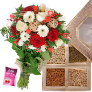 Flowers Dryfruit Combo - Bunch of 15 Red and White Seasonal Flowers, Assorted Dryfruits in Box 500 gms & Card