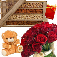 Everyone's Delight - Bunch of 18 Red Roses, Assorted Dryfruits in Box 400 gms, Teddy 6 inch & Card