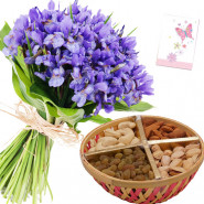 Blissful Combo - 10 Orchid Flowers, Assorted Dryfruits in Basket 500 gms & Card