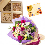 Ideal Hamper for You - Bunch of 10 Mix Flowers, Assorted Dryfruits in Box 200 gms & Card