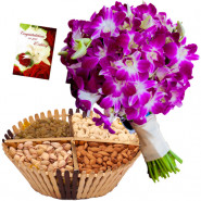 Orchids N Dryfruits - Bunch of 6 Purple Orchids, Assorted Dryfruits in Basket 200 gms & Card