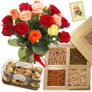 For You Always - 12 Mix Roses Bunch, Assorted Dryfruits in Box 200 gms, Ferrero Rocher 16 pcs & Card
