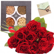 Gift for All - Bunch of 12 Red Roses, Assorted Dryfruits in Box 400 gms & Card