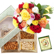 Mix Roses N Dryfruits - Bunch of 20 Mix Roses, Assorted Dryfruits in Box 200 gms & Card