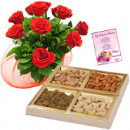 Dryfruits with Roses - Bunch of 10 Red Roses, Assorted Dryfruits in Box 400 gms & Card