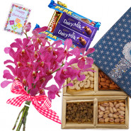 Purple Treat - Bunch of 6 Purple Orchids, Assorted Dryfruits in Box 200 gms, 5 Assorted Bars & Card