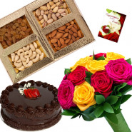 Treat to Have - Bunch of 12 Mix Roses, Assorted Dryfruits in Box 200 gms, Chocolate Cake 1/2 kg & Card