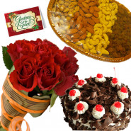 Cake N Crunch - Bunch of 15 Red Roses, Assorted Dryfruits in Basket 200 gms, Black Forest Cake 1/2 kg & Card