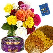 Box of Joy - Bunch of 18 Mix Roses, Assorted Dryfruits in Basket 200 gms, Danish Butter Cookies & Card