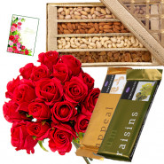 Gifts with Love - Bunch of 15 Red Roses, Assorted Dryfruits in Box 200 gms, 2 Temptations & Card