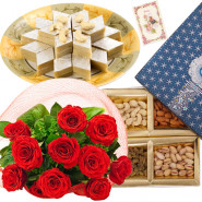 Sweet for Delight - Bunch of 12 Red Roses, Assorted Dryfruits in Box 200 gms, Kaju Katli 250 gms & Card