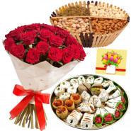 Love N Crunch - Bunch of 15 Red Roses, Assorted Dryfruits in Basket 200 gms, Kaju Mix 250 gms & Card