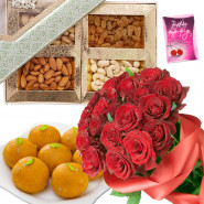 Laddoo with a Crunch - Bunch of 12 Red Roses, Assorted Dryfruits in Box 200 gms, Kanpuri Boondi Laddoo 250 gms & Card