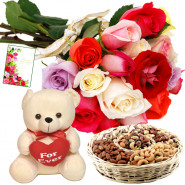 All of Love - Bunch of 15 Mix Roses, Assorted Dryfruits in Basket 400 gms, Teddy with Heart 8 inch & Card