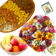 Dryfruits with Fruits - Bunch of 18 Mix Flowers, Assorted Dryfruits in Basket 200 gms, Mix Fruit Basket 1 Kg & Card