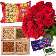So for You - Basket of 20 Red Roses, Assorted Dryfruits in Box 200 gms, Soan Papdi 250 gms, 2 Dairy Milk & Card