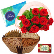 Gift of Delight - Bunch of 12 Red Roses, Assorted Dryfruits in Basket 200 gms, Cadbury Celebrations 118 gms & Card