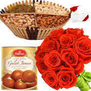 Gulabjamun Special - Bunch of 15 Red Roses, Assorted Dryfruits in Basket 200 gms, Gulab Jamun 500 gms & Card