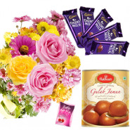 Pinky Milky - 12 Pink & Yellow Seasonal Flowers Bunch, Gulab Jamun 500 gms, 5 Dairy Milk 14 gms each & Card