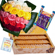 Grand Katli Delight - 50 Multi Color Roses Bunch, Kesar Kaju Katli 250 gms, 5 Assorted Bars & Card