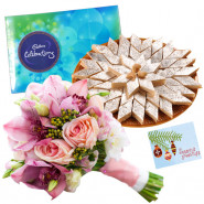 Pink Mix Katli - 15 Pink Mix Flowers Bunch, Kaju Katli 250 gms, Cadbury Celebrations 118 gms & Card