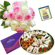 Pink Mix Celebration - 15 White and Pink Roses Bunch, Kaju Mix 250 gms, Cadbury Celebration Chocolate 118 gms & Card