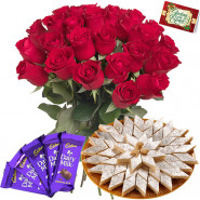 Rose Katli Choco - 15 Red Roses Bunch, Kaju Katli 250 gms, 5 Dairy Milk 14 gms each & Card