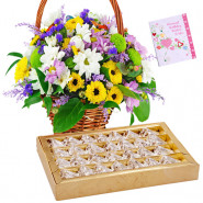 Seasonal Basket Roll - 20 Seasonal Flowers Basket, Kaju Anjir Roll 250 gms & Card