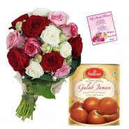 MIx Floral Treat - 20 Red, White & Pink Roses Basket, Gulab Jamun 500 gms & Card