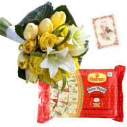 Yellow White Papdi - 15 Yellow and White Seasonal Flowers Bunch, Soan Papdi 500 gms & Card