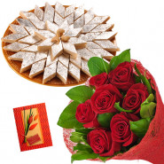 Rose Bunch Katli - 10 Red Roses Bunch, Kaju Katli 250 gms & Card