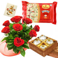 Red Laddoo Papdi - 10 Red Roses Bunch, Boondi Laddo 500 gms, Soan Papdi 250 gms & Card