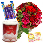 Seasonal Rasgulla Assortment - 12 Red Seasonal Flowers Bunch, Rasgullas 500 Gms, 5 Assorted Bars & Card