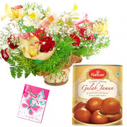 Basket Sweet Mix - 20 Mix Flowers Basket, Gulab Jamun 500 gms & Card